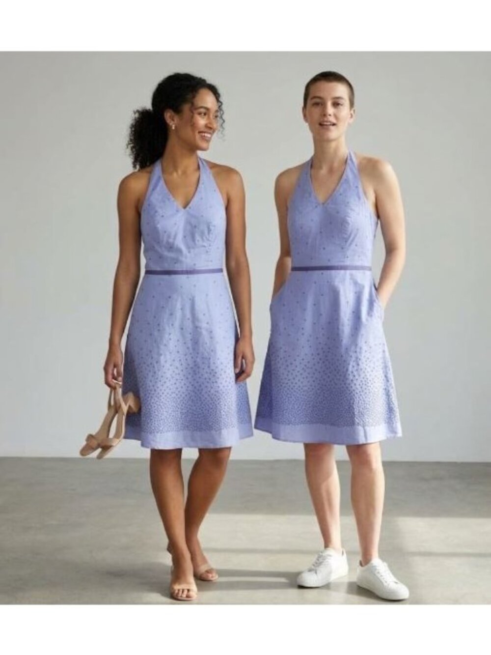 Ann Taylor Halter Dress Eyelet Dot Size 6 Blue 100% Cotton A-line Waist Ribbon